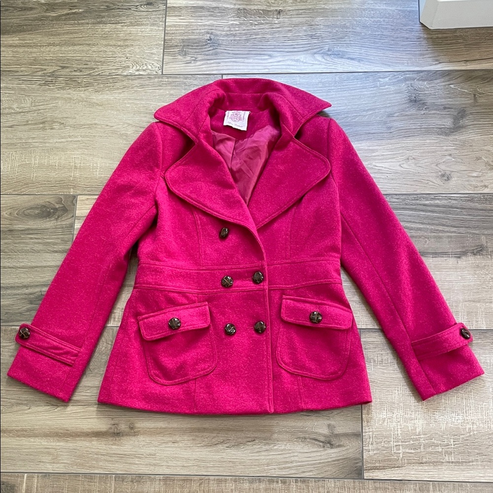 Love Culture Jacket Womens L Pink Fuchsia Double-Breasted Wool Blend Pea Coat